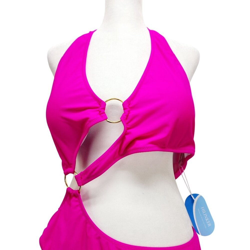 Hot Pink Cutout One-Piece Swimsuit Gold Ring  Halter Neck Tie Size XXL New - Picture 11 of 13